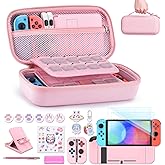 innoAura Switch Case 19-in-1 Bundle for NS Switch (2017), with Carrying Case, Game Organizer, Screen Protector, Stand and Thumb Grips, Pink