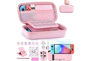 innoAura Switch Case 19-in-1 Bundle for NS Switch (2017), with Carrying Case, Game Organizer, Screen Protector, Stand and Thumb Grips, Pink