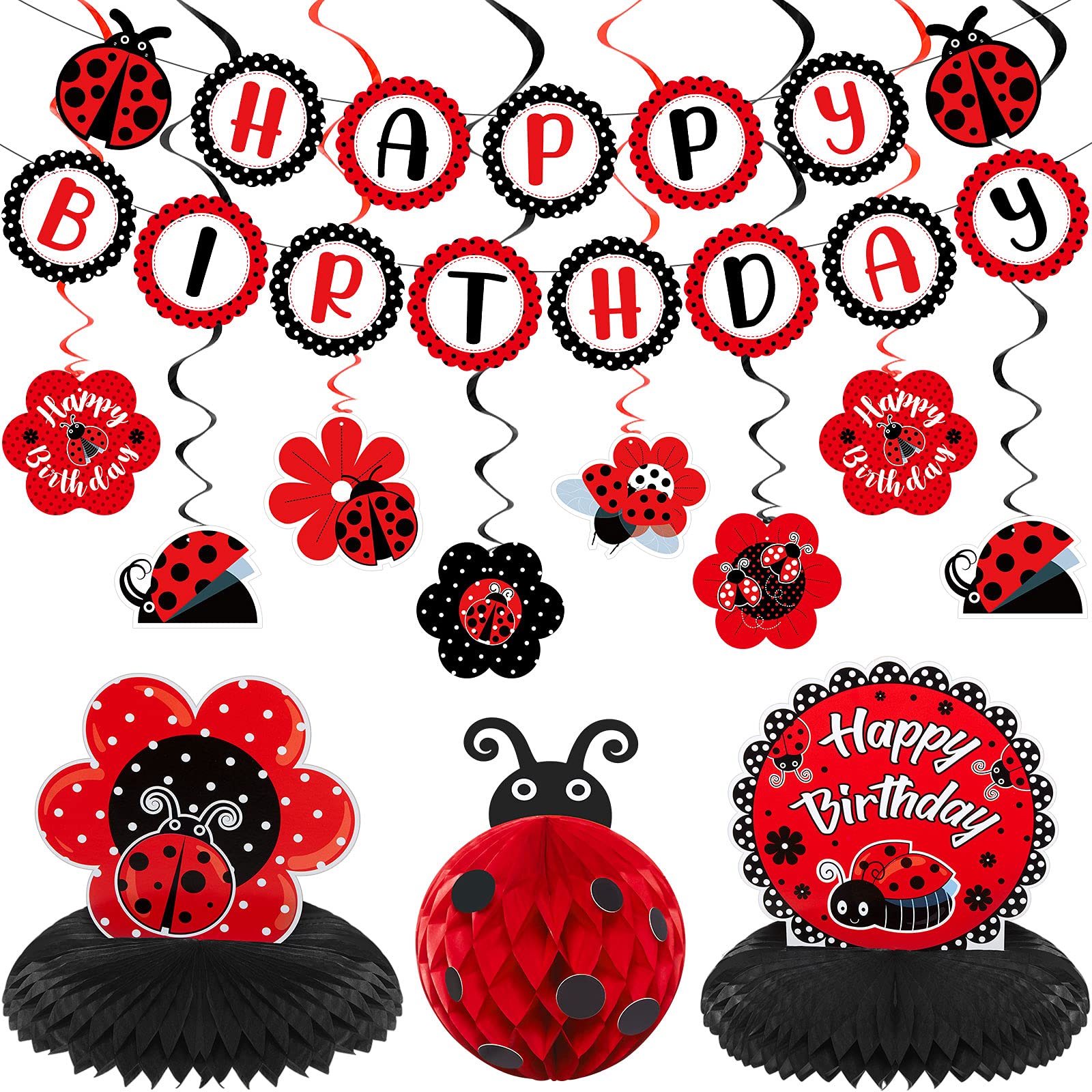 Photo 1 of Ladybug Fancy Party Decoration Kit - Cute Birthday Banner, Honeycomb Centerpiece, Hanging Swirls for Girls Birthday Baby Shower Party Supplies