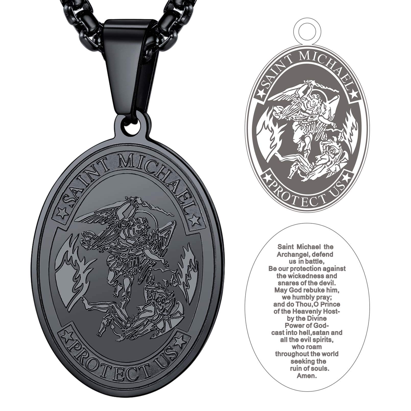 FaithHeart St Michael Oval Necklace Black Steel Policemen Pendant for Male Prayer Medal Guardian Archangel Neck Charm Solid Chain 55cm with 5cm Extender — image 1