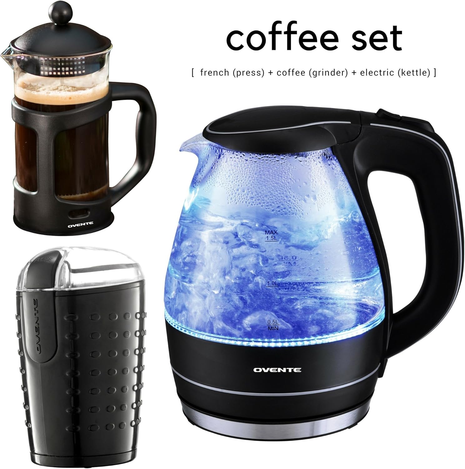 Ovente Glass Electric Kettle Bundle with French Coffee Press and Electric Coffee Grinder