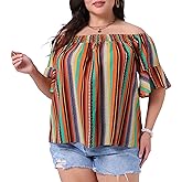 Agnes Orinda Plus Size Top for Women Boho Off Shoulder Short Sleeve Striped Blouse Shirt Top
