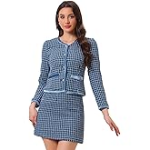 Allegra K Business Suit Set for Women's 2 Piece Outfits Plaid Tweed Easter Short Blazer Jacket and Skirt Sets