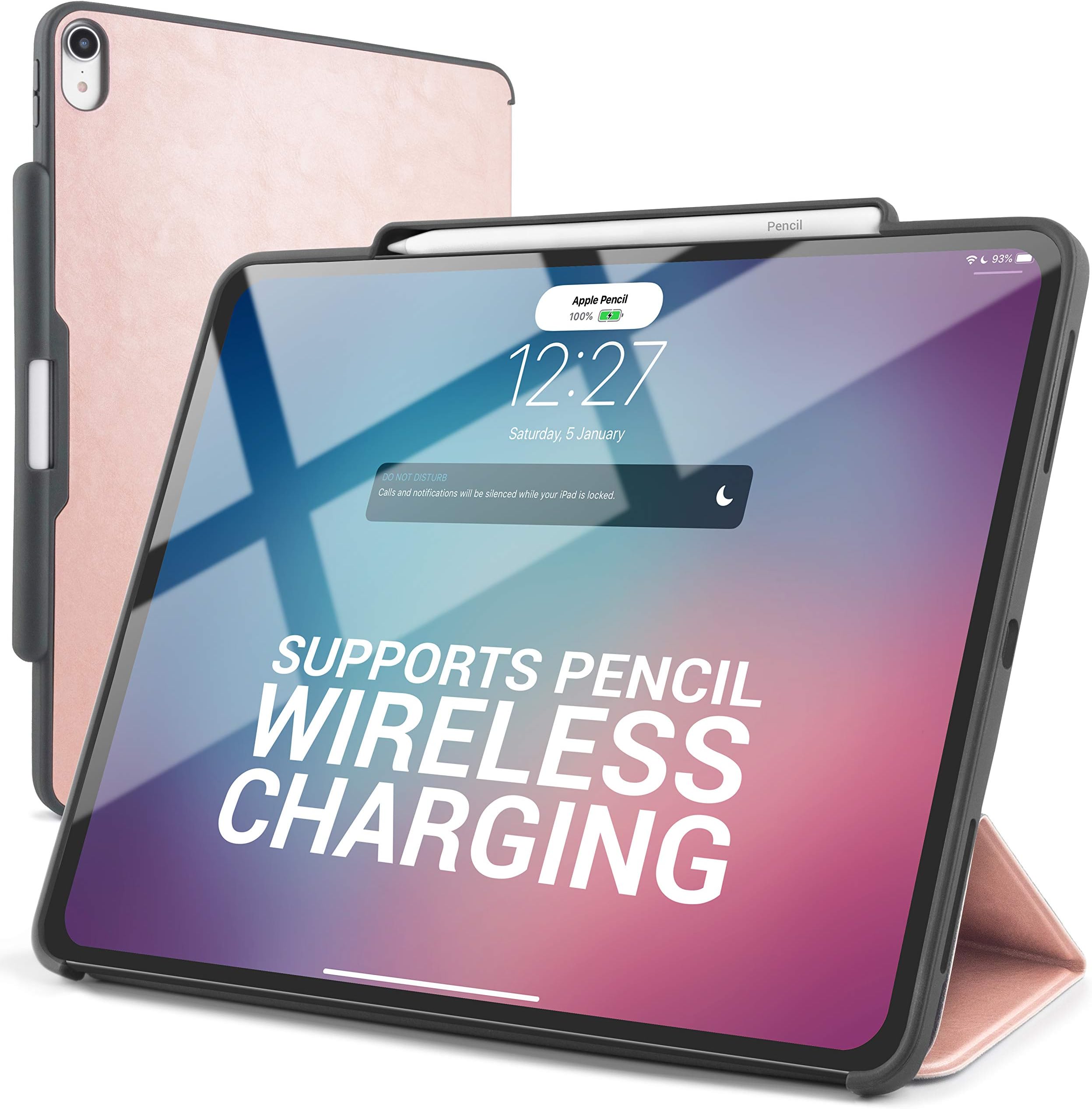 DinoCase iPad Pro 12.9-inch (2018 Version, 3rd Generation) Case with Pencil Holder, Supports Wireless Pencil Charging, Secure Your Apple Pencil, Sleek and Lightweight (Pink)