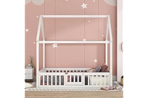 HARPER & BRIGHT DESIGNS House Bed Full Bed Frames for Kids,Wood Montessori Floor Bed with Fence and Door Design, Full Floor Bed with Rails for Girls Boys, White Wash