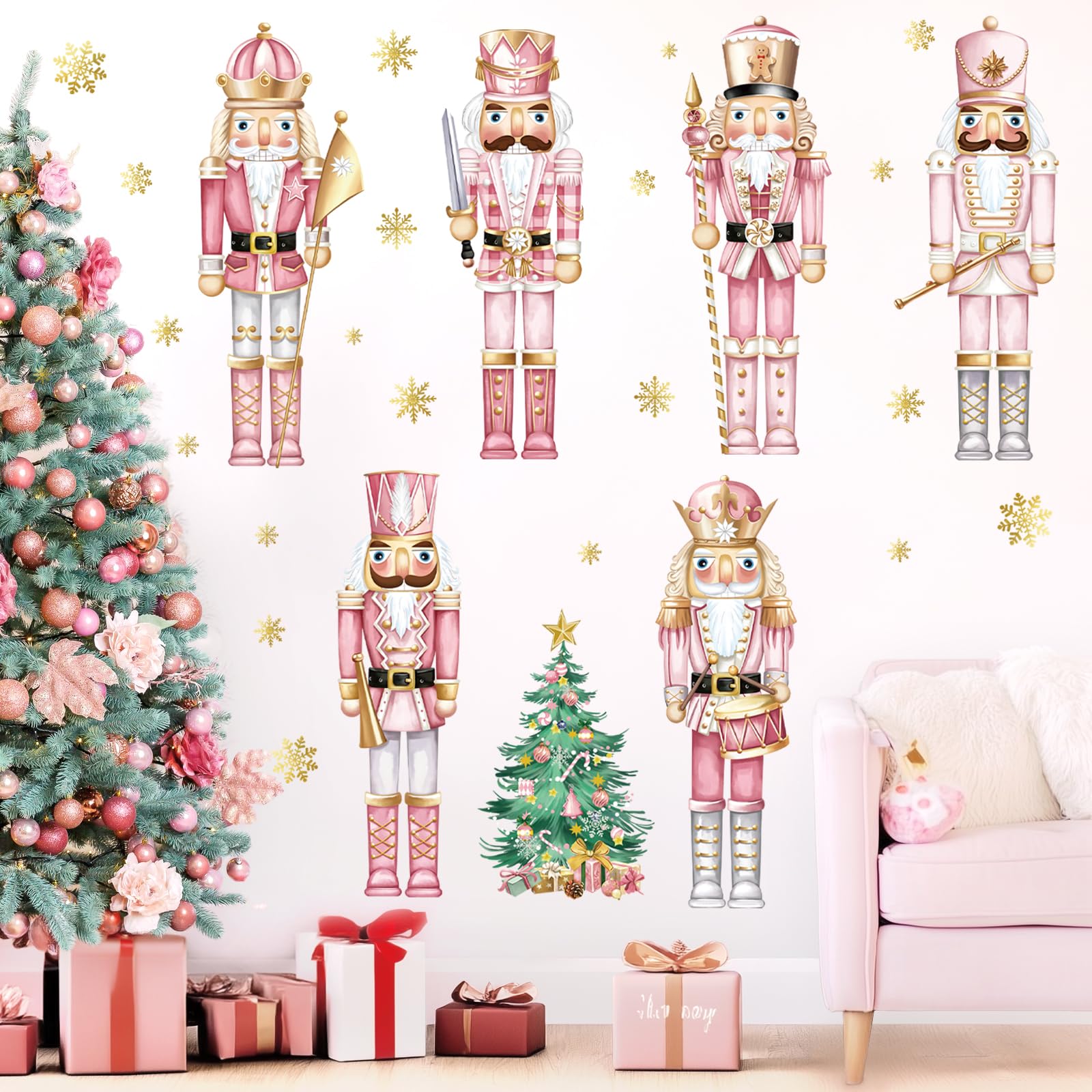 decalmile Christmas Pink Nutcrackers Window Wall Decals Christmas Trees Nutcracker Snowflakes Wall Stickers Living Room Childrens Room Christmas Party Window Wall Decorations
