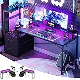 Aheaplus Gaming Desk with LED Strip & Power Outlet, 59Inch Reversible Computer Desk with Monitor Stand & Storage Shelves, Home Office Desks with Fabric File Drawer, PC Gamer Table, Carbon Fiber Black