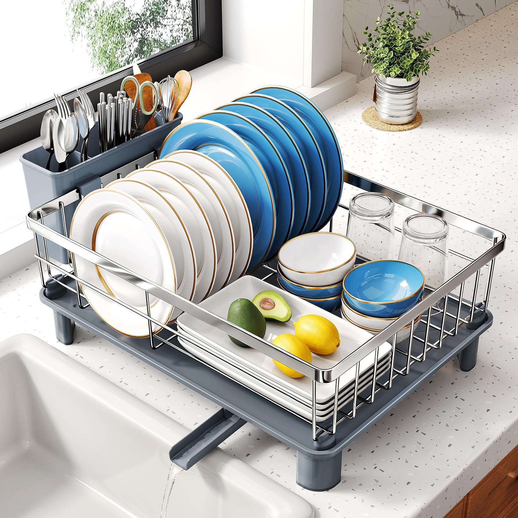 SNTD Dish Drying Rack - Small Dish Rack for Kitchen Counter, Stainless Steel Dish Drainer with Utensil Holder and Drainboard, 11" W x 15" L (Silver) Image