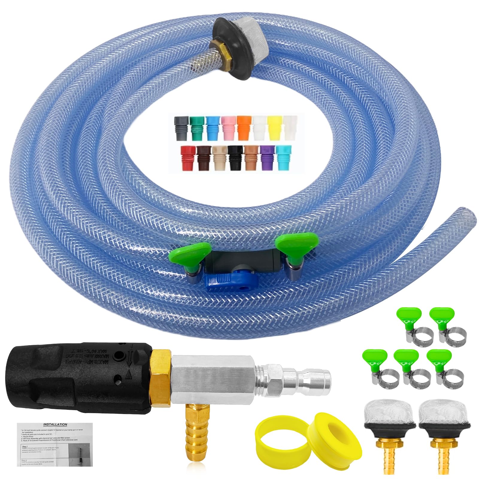 Photo 1 of Adjustable Long Range Downstream Injection Nozzle Kit 2-2.5 GPM, Pressure Washer Spray Nozzle, Spray Nozzle Pressure Washer with 1/4" Quick Connect/15FT Hose/Shut-off Valve/Filter.2000 to 3000 PSI.