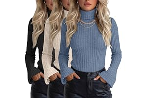Velvelhall 3 Pack Women's Turtleneck Sweaters Slim Fit Ribbed Knitted Bell Long Sleeve Pullover Shirt Basic Tops Fall Winter