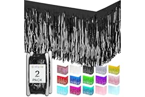 Allgala Black Tinsel Table Skirt 2-Pack 29x108 Inch Metallic Foil Fringe Table Skirts for Party Event, Parade Float, Party Decoraton