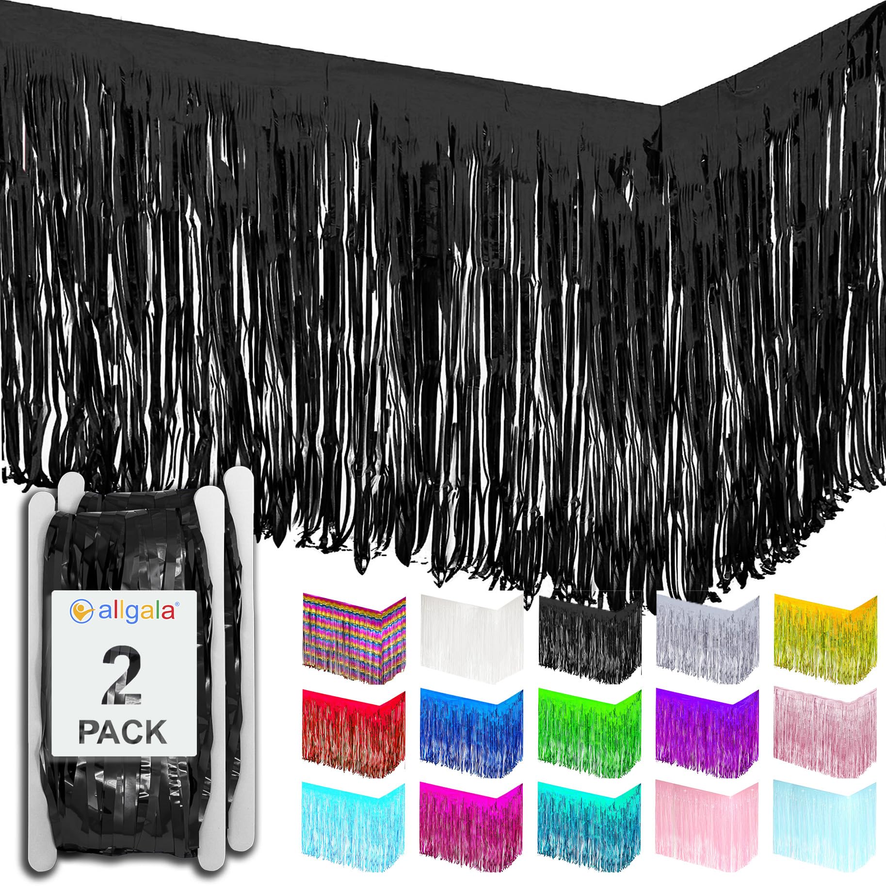 allgala Black Tinsel Table Skirt 2-Pack 29x108 Inch Metallic Foil Fringe Table Skirts for Party Event, Parade Float, Party Decoraton
