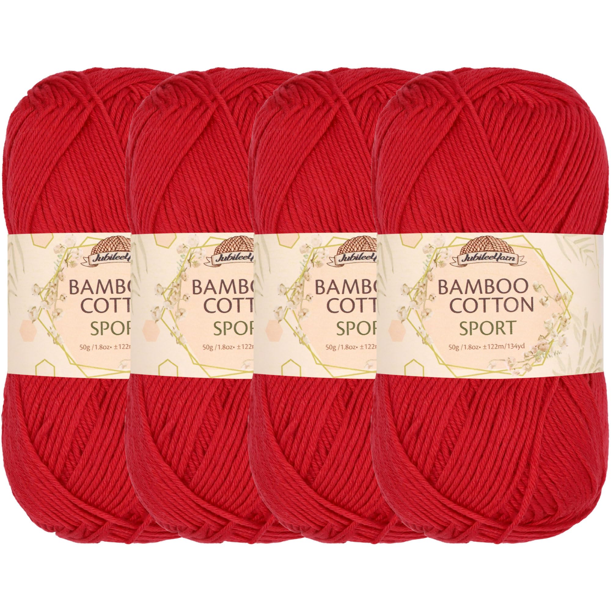 JubileeYarn Bamboo Cotton Sport Yarn - 50g/Skein - Carmine Red - 4 Skeins