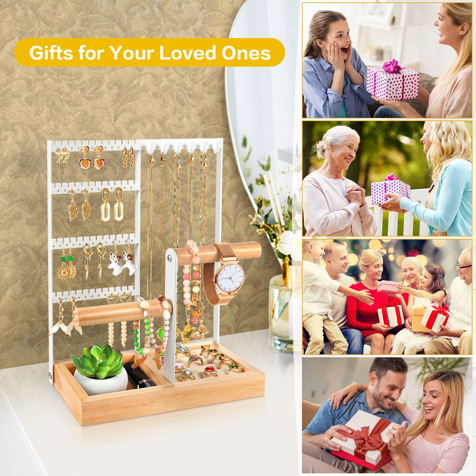 Godboat Jewelry Organizer, 4-Tier Earring Holder Organizer with 48 Holes, 6 Hooks Necklace Rack, Bracelet and Ring Stand with Wood Box, Gifts for Mothers Mom Women, Preppy Stuff & Room Decor, (White)