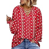 Eytino Plus Size Tops for Women V Neck Long Sleeve Drawstring Floral Boho Print Blouse Shirts Vacation Outfits(1X-5X)