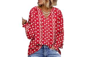 Eytino Plus Size Tops for Women Boho Floral Print V Neck Long Sleeve Drawstring Chiffon Blouses Shirts(1X-5X)