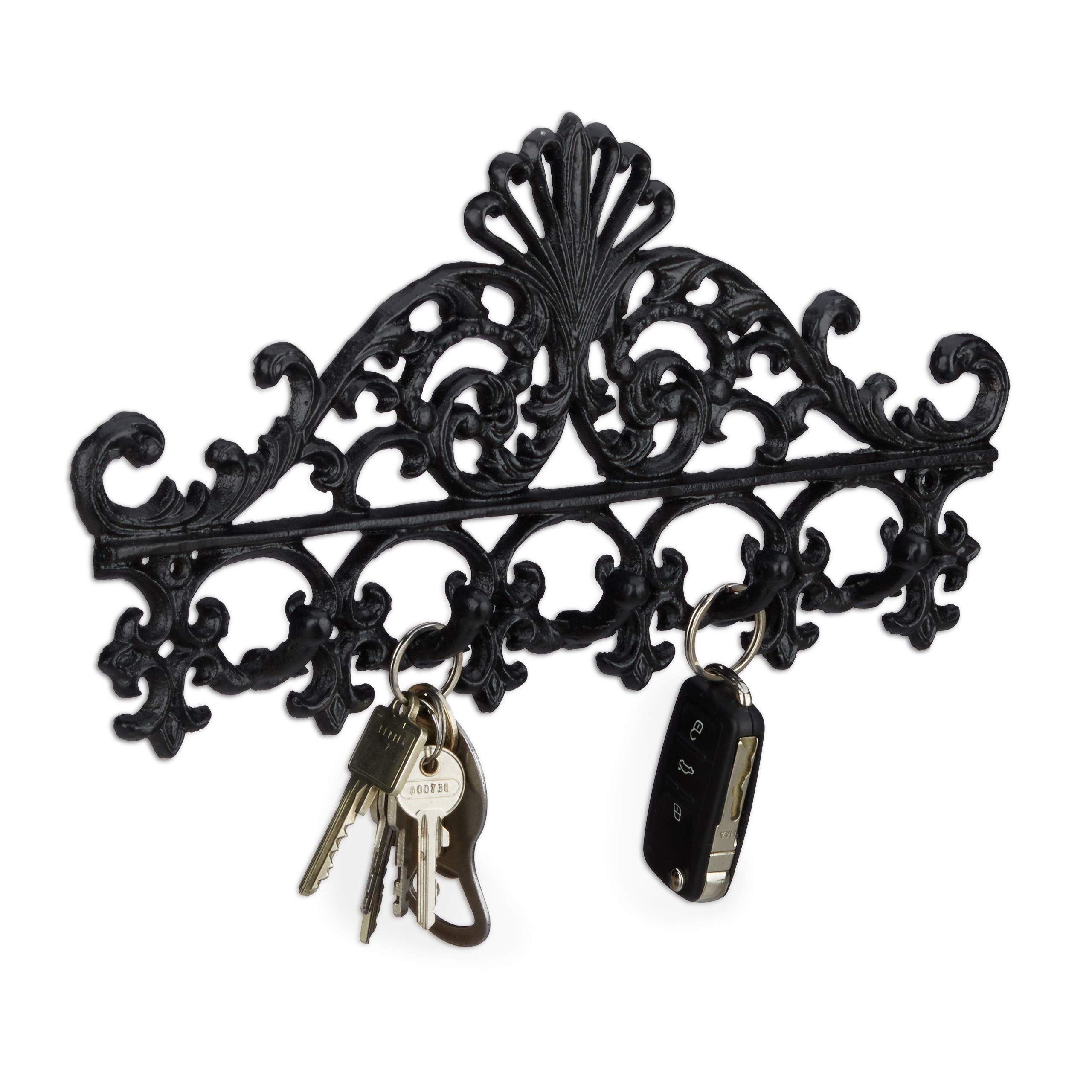 Relaxdays Cast Iron Coat Rack, 5 Hooks, Antique Cottage Style, HxWxD: approx 17 x 35 x 3.5 cm, Black