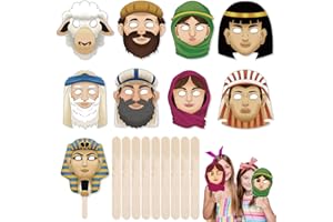 RoundFunny 18 Pcs Passover Character Mask Jewish Pesach Festival Stick Puppets for Seder, Happy Passover Cartoon Egypt Party Favor Role Play Decor for Home Classroom Game Religious Story Time