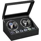 ANWBROAD Automatic 4 Watch Winders,Quiet Japanese Motor, TYPE-C Apdater | Automatic Watch Winder Box with 4 Watches Rotator and 6 Extra Storages, Multi Watch Winders with Carbon Fiber,UJWW012C