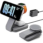 Eazpower 3 in 1 Foldable Wireless Charging Station for MagSafe, Nightstand Magnetic Charger Stand for iPhone 17 16 15 14 Pro Max, Travel Charging Dock with Night Light for Apple Watch/AirPods (Gray)