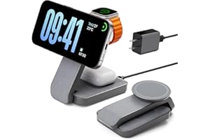 Eazpower 3 in 1 Foldable Wireless Charging Station for MagSafe, Nightstand Magnetic Charger Stand for iPhone 17 16 15 14 Pro Max, Travel Charging Dock with Night Light for Apple Watch/AirPods (Gray)