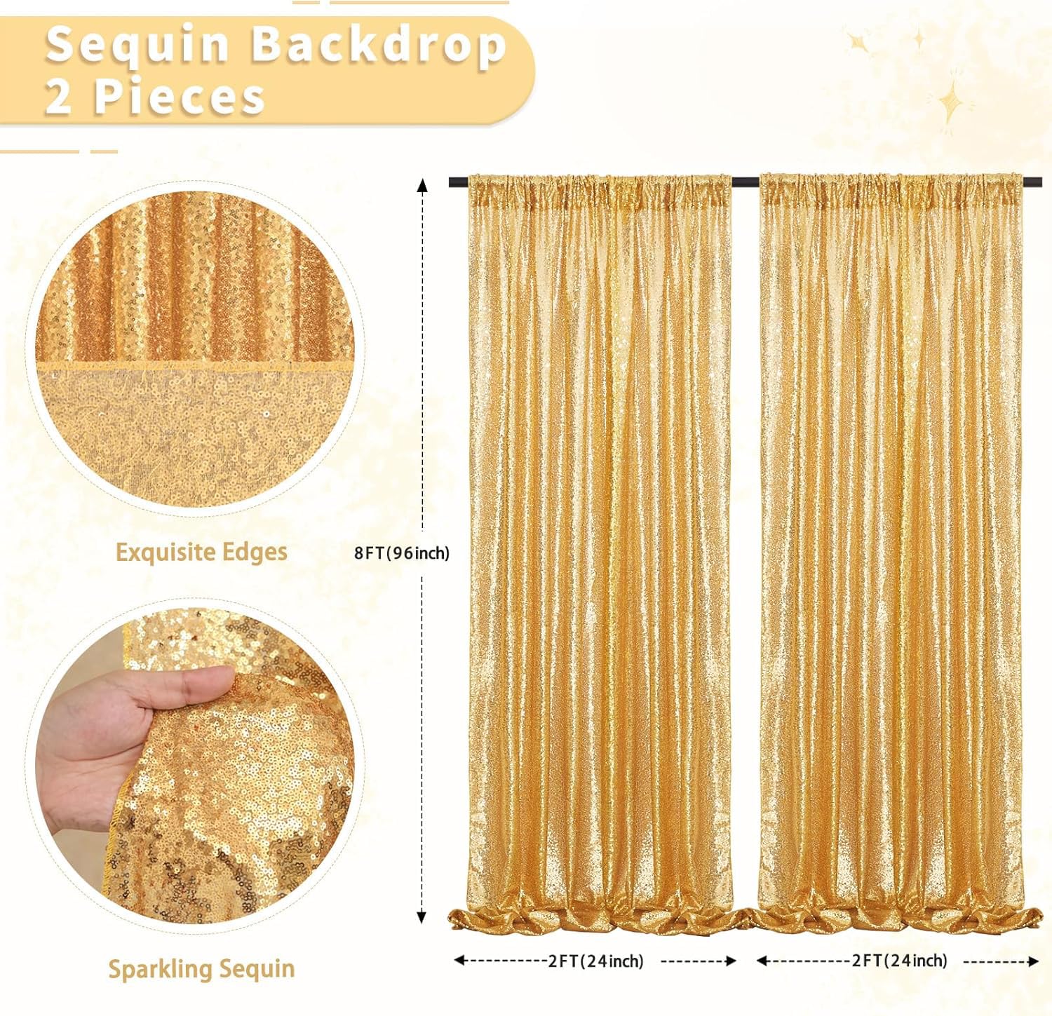 Gold Sequin Backdrop Curtain Panels Stage 2 Pieces 2FTx8FT Sheer Gold Curtains Backdrop Photo Backdrop Curtains for Wedding Birthday Party Background Drapes Christmas Decorations