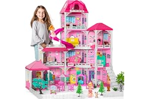 DOLOOWEE Dolls House for Girls Toys, 4 Stories 10 Rooms Dollshouse with 2 Princesses Slide Accessories, Playset for Toddler Playhouse Gift for for 3 4 5 6 7 8+ Year Old Girls Toys