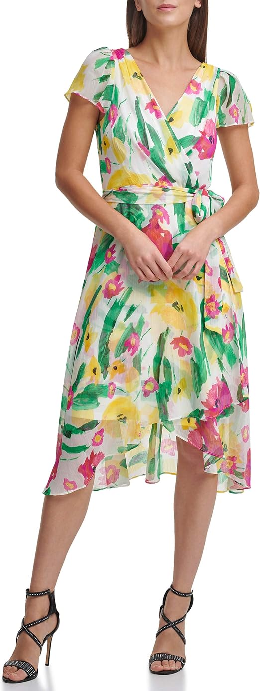 DKNY Women's Flutter Sleeve VNeck Wrap Midi Dress