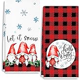 RZQIJ Red and Black Buffalo Plaid Gnomes Towels Dish Towels Dishcloth, Winter Christmas Holiday Decor for Kitchen Bathroom Home, 16 x 24 Farmhouse Decoration Hand Towels Set of 2. (044)