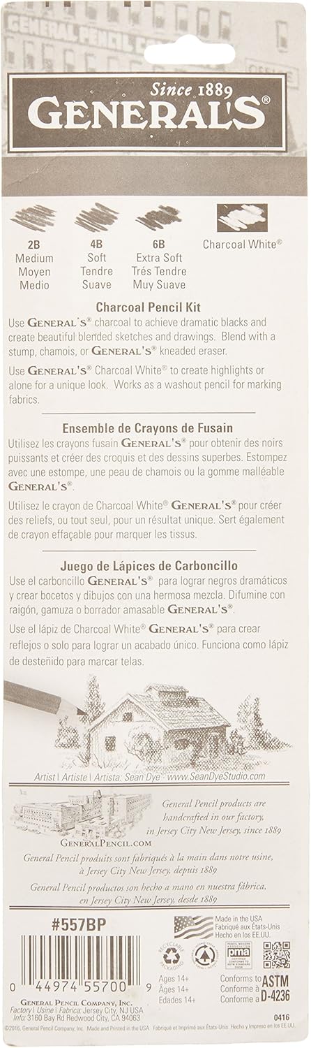 Generals Charcoal Drawing Set, White/Black, Set of 4 Pencils and 1 Eraser - 321742: Industrial & Scientific