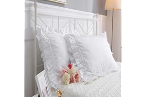 MEANING4 White Euro Shams with Ruffles and Lace 100% Cotton Bed Pillow Shams Queen Size 26"X26"Soft Shabby Chic 2PCS
