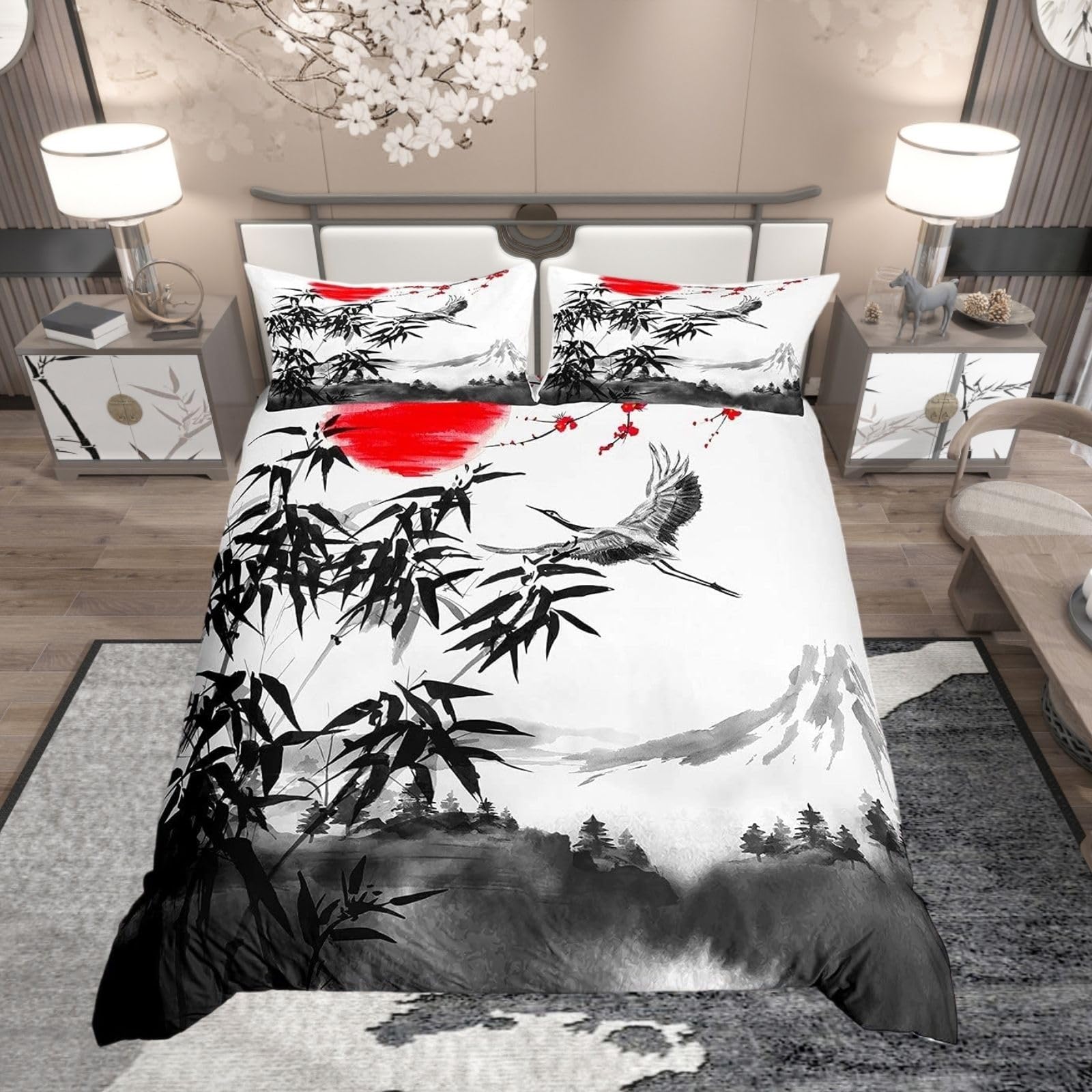 Homewish Japanese-Style Duvet Cover Mountain Crane Bedding Set Single Size For Kids Teens Adult Bamboo Leaves Sun Quilt Cover Vintage Style Comforter Cover Lightweight Bedroom Decor Grey White