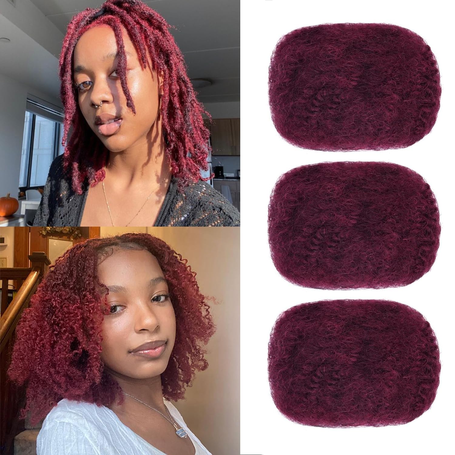 Mscat 8 Inch 3 Bundles Bungundy Afro Kinkys Bulk Human Hair For Dreadlocks,Dreadlocks Extensions Braiding Twist Afro Kinky Human Hair For Locs Mini Twists Braiding Afro Kinky Hair 30g/pack(bug#)