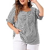 Agnes Orinda Women's Plus Size Gingham Tops 1950s Sweetheart Neck Flounce Sleeve Summer Blouse Top