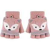Cartoon Convertible Flip Top Gloves Toddler Kids Winter Wool Knit Fingerless Gloves with Mitten Cover for Girls Boys 2-15 Yrs