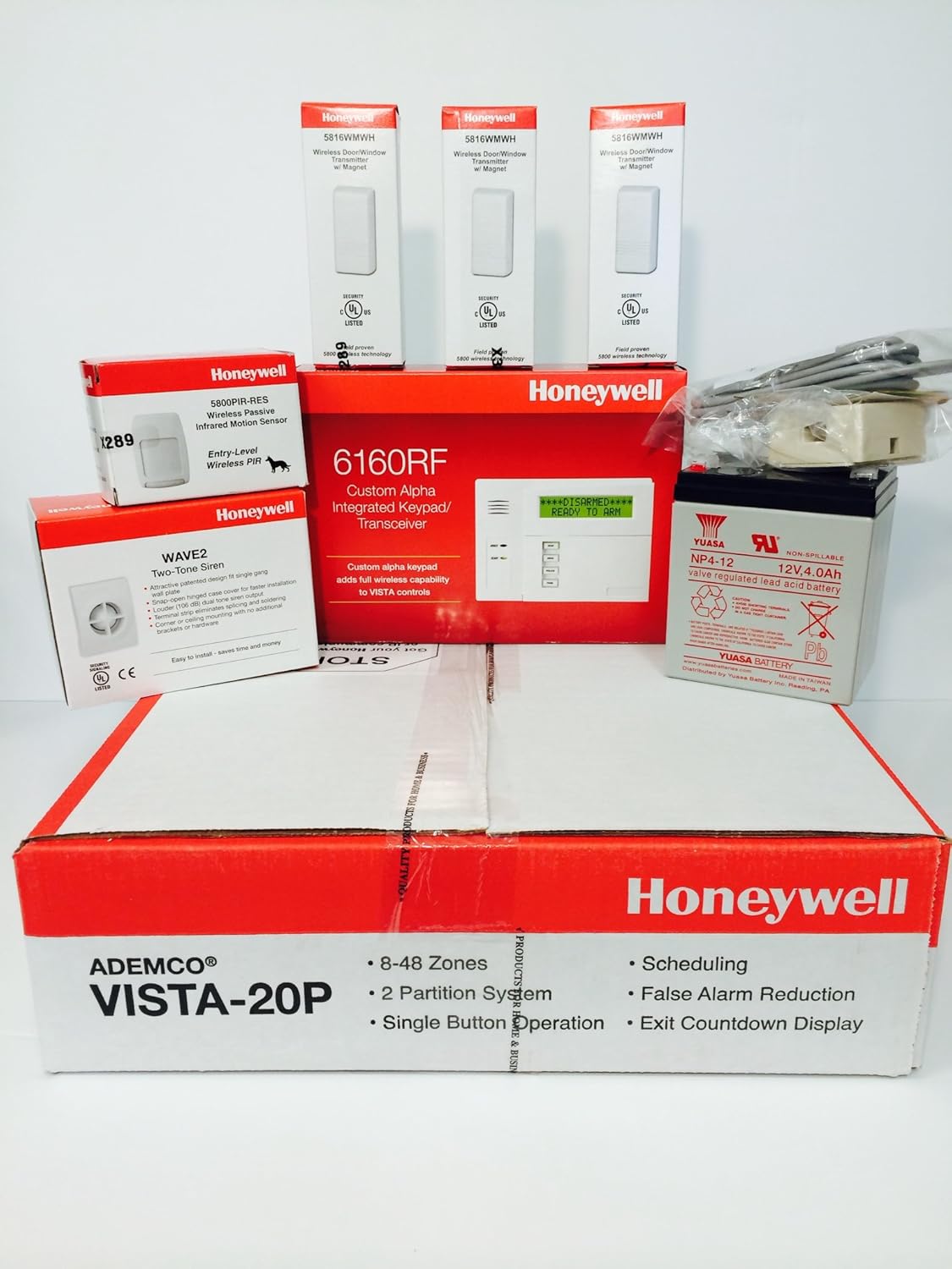 Honeywell Vista 20P, 6160RF, 3-5816WMWH, 5800PIR-RES, Battery, Siren, Jack and Cord Kit Package