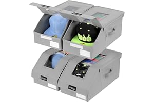 VAESIDA Hat Organizer for Baseball Caps, 4 Pack Hat Storage Box, Holds up to 56 Caps, Baseball Cap Organizer for Closet/Shelf, Hats Box Holder | Stackable, Foldable, Easy-Access, Clear Lid, Grey