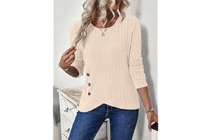 Women's Tops 2025 A/W Comfortable Ribbed Knit Scoop Neck Sweater Button Detail Asymmetrical Hem