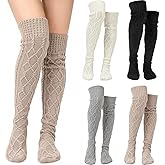 Toulite 4 Pairs Cable Knit Knee High Socks for Women Long Boot Stockings Socks, Long Warm Leg Warmers Winter