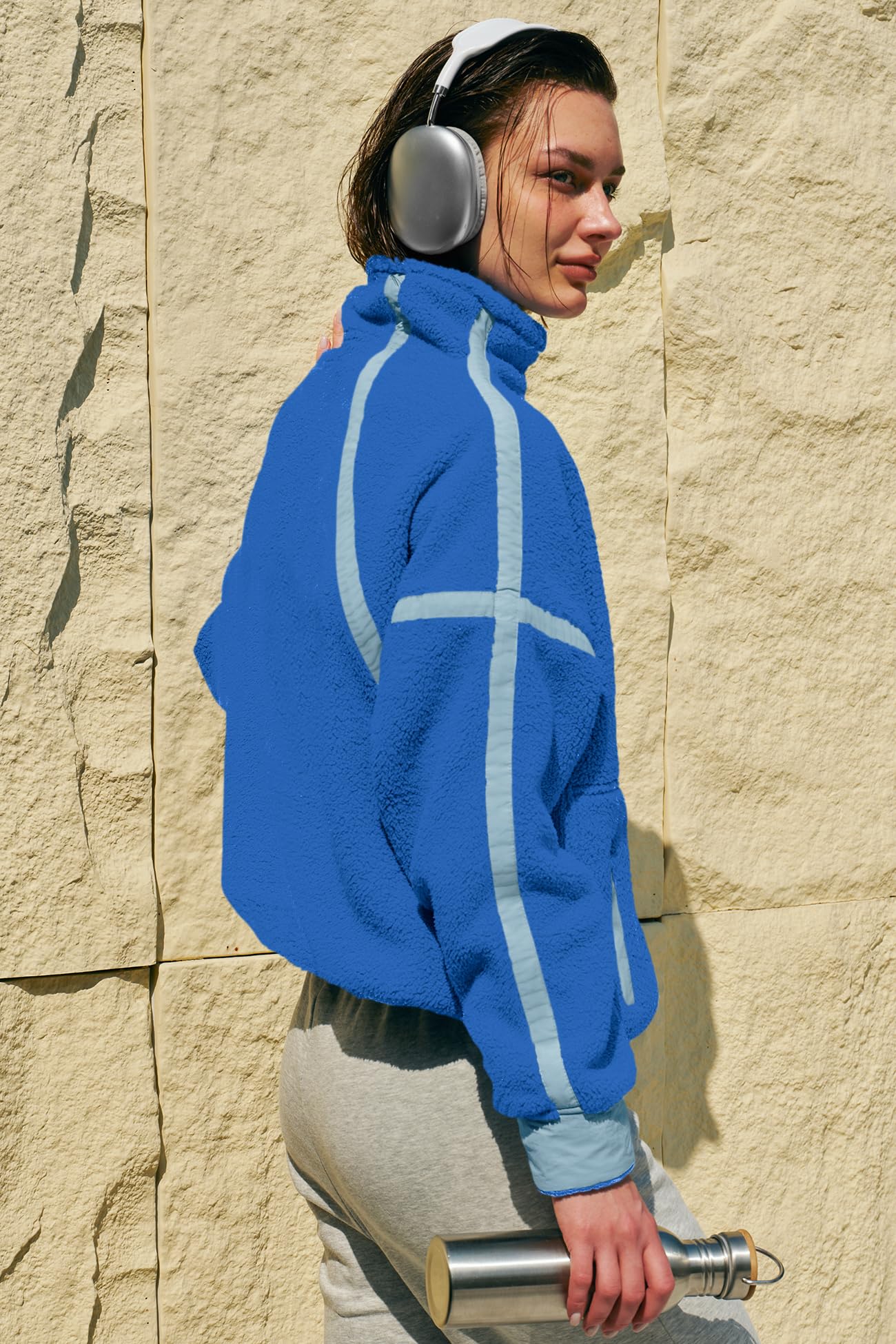 Panadila Womens Half Zip Sherpa Fleece Pullover Soft Oversized Sweatshirt with Pockets Warm Fuzzy Sweater