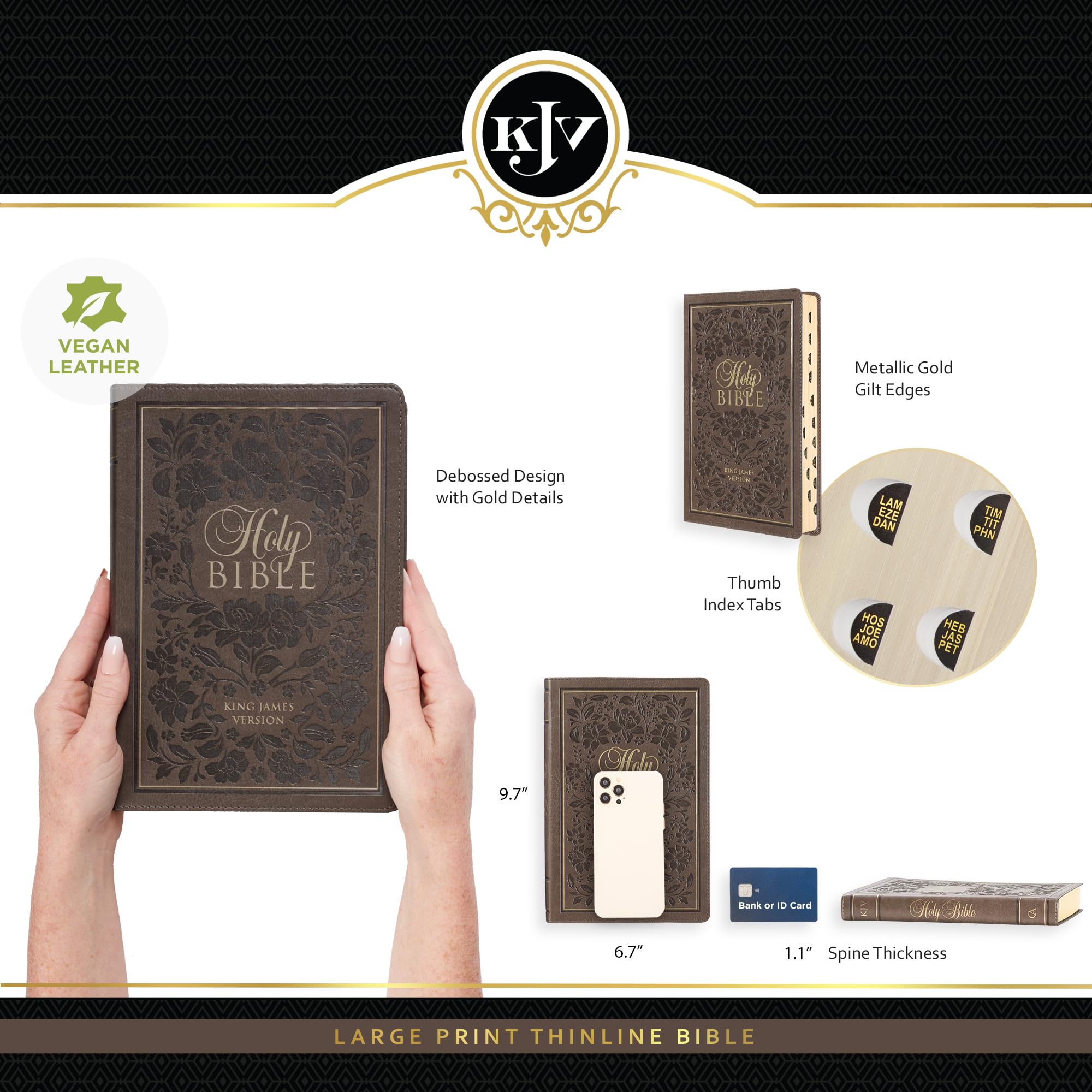 KJV Holy Bible, Thinline Large Print Faux Leather Red Letter Edition Thumb Index & Ribbon Marker, King James Version, Dark Taupe Floral
