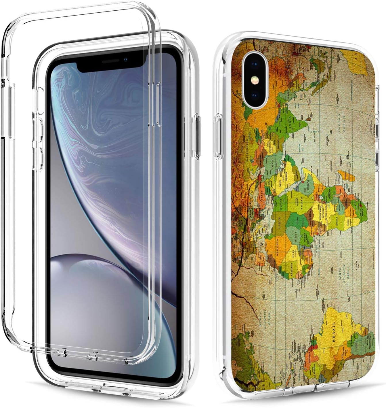 iPhone Xs Max Case, Rossy Full Body Shockproof Dual Layer High Impact Clear Protective Case Hard Plastic & Soft TPU Bumper Cover for Apple iPhone Xs Max 6.5 inch,World Map