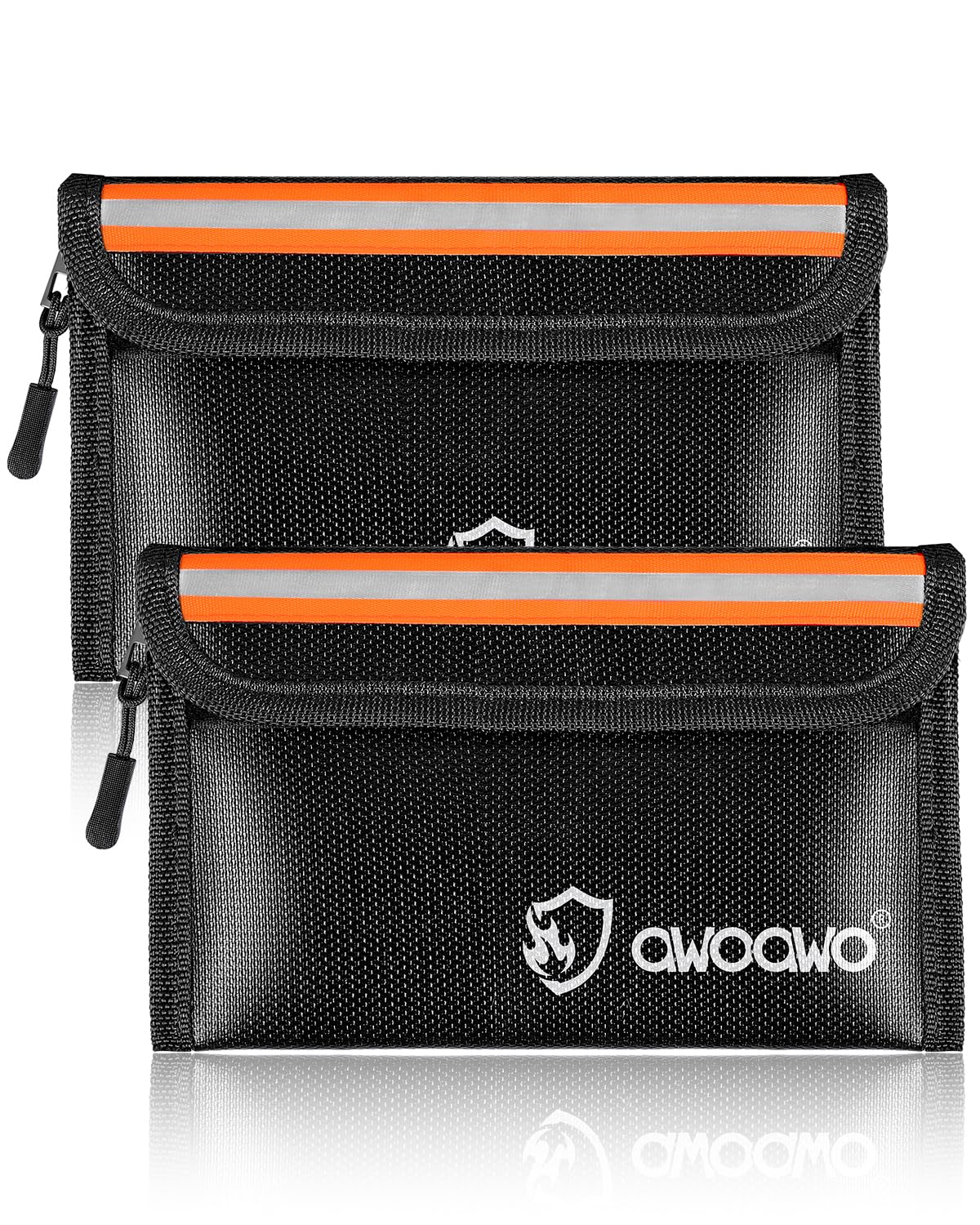 Pack of 2 Fireproof Bags with Reflective Strips, 20 x 13 cm, Practical Small Fireproof Money Bag for Documents, Cash and Valuables, 5200°F Heat-Resistant, Waterproof, Black