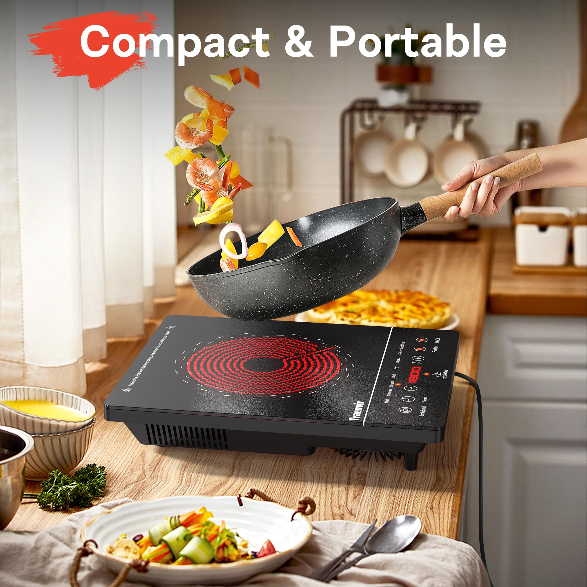 Traenvir Single Burner Electric Cooktop, Portable Electric Stove One Burner, 1800W Ceramic Cooktop with Touch Control, Child Safety Lock, 4 Hour Timer, Overheat Protection, 110V - 120V Plug in