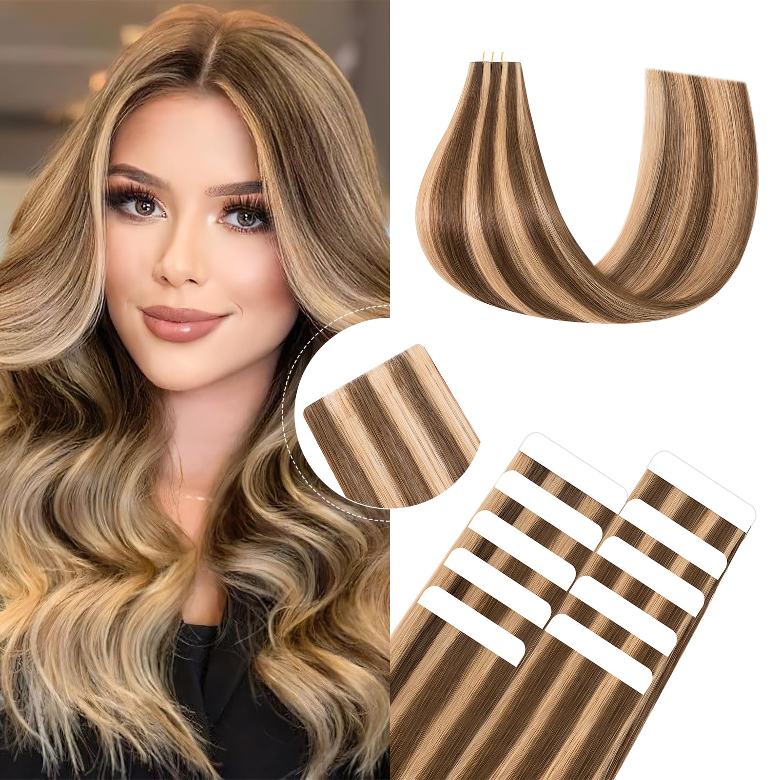 SEGOHAIR Tape in Hair Extensions Human Hair Virgin Hair Pieces Injected Remy Tape Hair Extensions,Invisible Seamless for Women22"12.5g5pcsChocolate Brown &Strawberry Honey Blonde — image 1