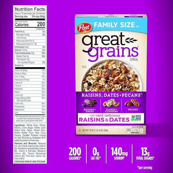 GREAT GRAINS RAISINS, DATES & PECANS BREAKFAST CEREAL FOR ADULTS, CRUNCHY CLUSTERS WITH DRIED FRUIT AND NUTS, NON-GMO, HEART HEALTHY, 19 OZ BOX