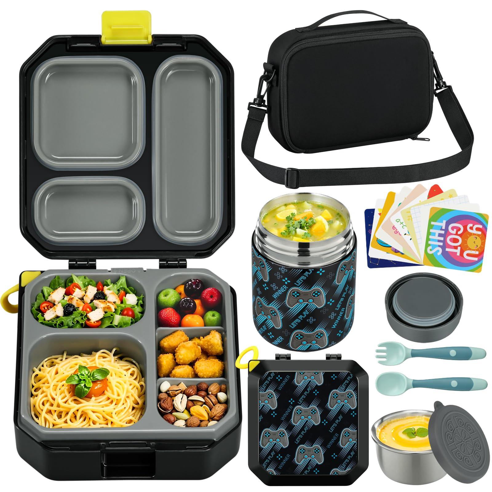 Photo 1 of Itslife Bento Lunch Box Set for Kids with 12oz Soup Thermo&Lunch Bag, Leak-Proof Lunch Food Containers for Kids School, 5 Compartment, Sauce Cup, 10 Notes (Gaming Black)