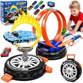 Race Tracks for Kids Ages 4-8, 2 in 1 Race Car Track Stunt Tire Shaped Case | 6 Cars in 1:64 Scale, 360&deg;Loop Car Track &amp; Fire Ring, 2-Player Launchers, Stunt Tire Shaped Case Transforms Into Race Track