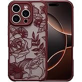 XIZYO for iPhone 16 Pro Case, Floral Rose Cute Phone Case for Women Girls Burgundy Aesthetic Pattern Print Slim TPU Bumper Shockproof Protective Cover for iPhone 16 Pro 6.3 Inch, Wine Red