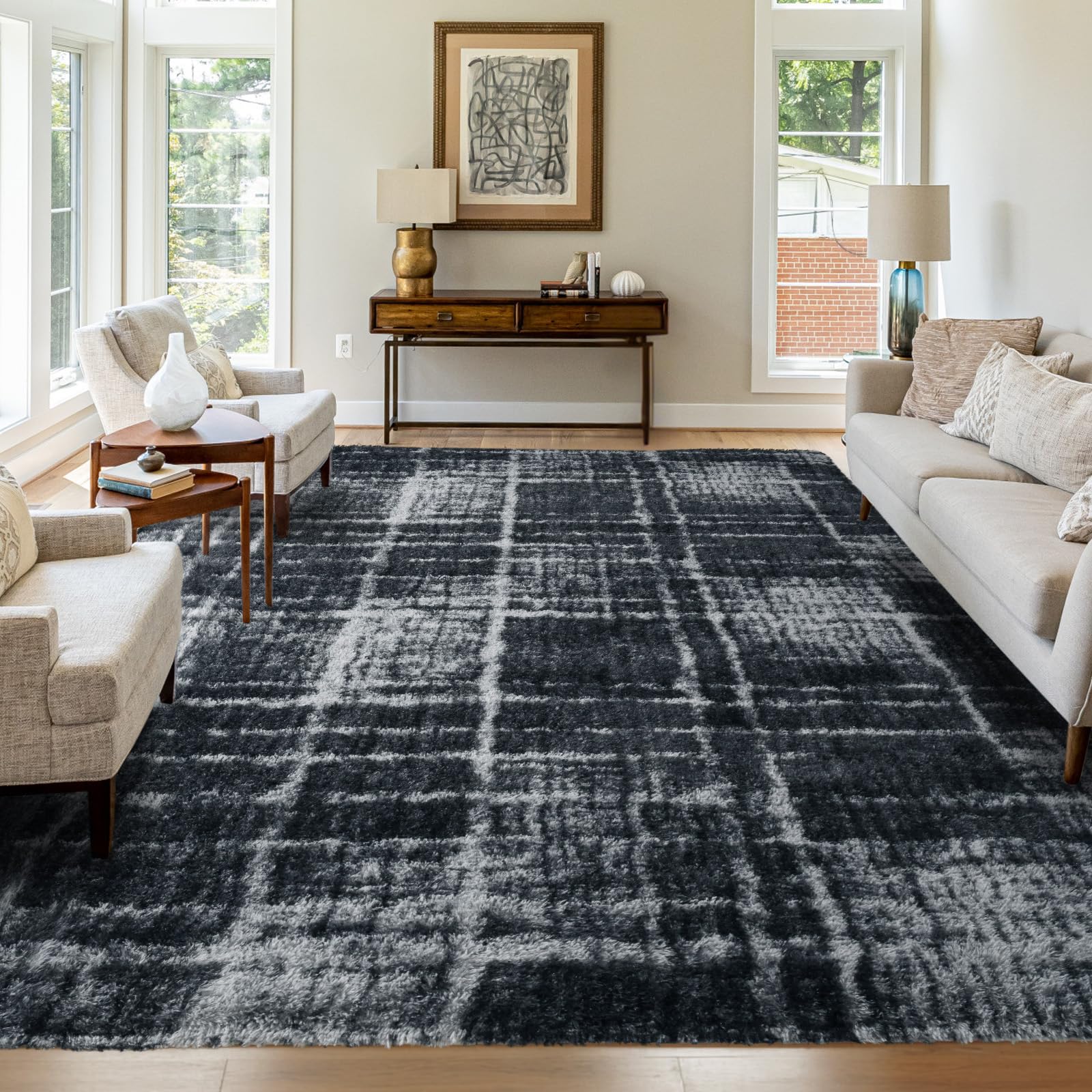 FinRèc 6x9 Rugs for Living Room Bedroom, Black and Gray Checkered Fluffy Shaggy Area Rug, Non-Slip Soft Shag Rug for Nursery Kids Room Dorm Room Home Decor, Indoor Plush Floor Carpet